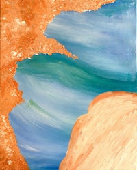 a painting of a cliff and ocean