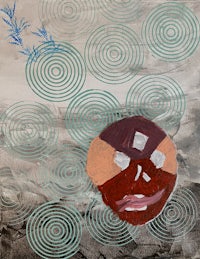 a painting of a face with swirls around it