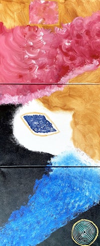 a painting with a blue, pink, and yellow background