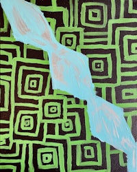 a painting with green and blue squares on a black background