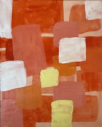 an abstract painting with orange, yellow and white squares